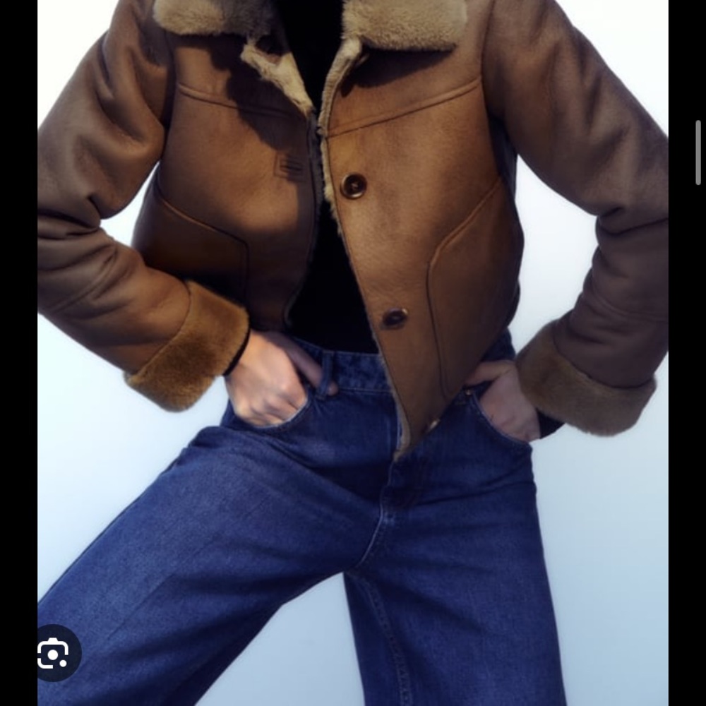 Zara Tan Shearling-Trim Button Jacket - Picture 7 of 9